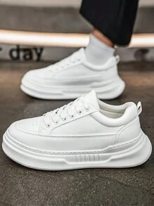 Heren zachte zool, zacht oppervlak, lichtgewicht en comfortabele casual sneakers, lente nieuwe mode, dikke zool antislip slijtvaste lage veterschoenen voor dagelijks woon-werkverkeer, eenvoudige stijl, comfortabele herenschoenen, jeugdcampusstijl, zwart-wit PU waterdichte oliebestendige heren schoenen met naadstiksels