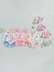 Baby Girl Rash Guard Swimsuit Floral/Shell Print Long Sleeve Mock Neck Bathing Suit With Hat 2 Pcs Set - Ivory - View 1