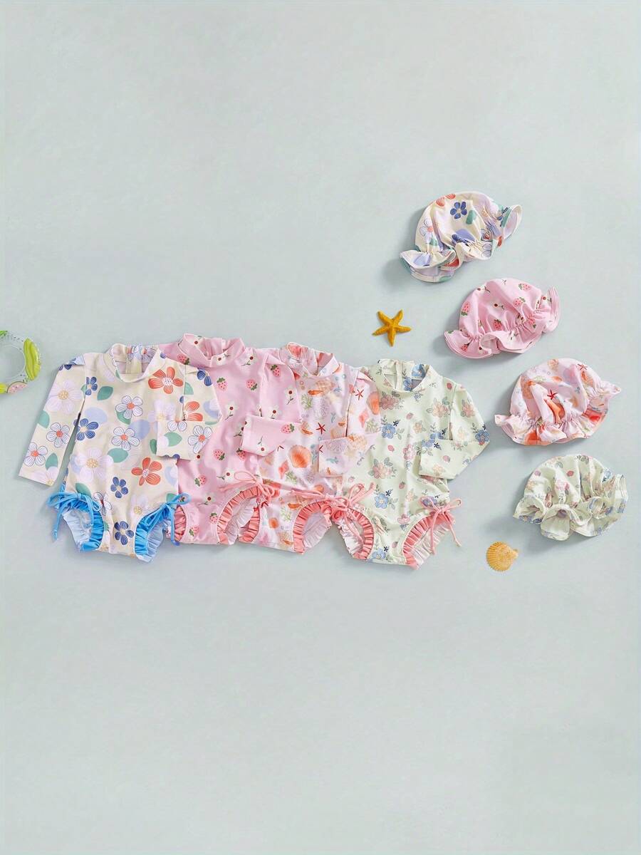 Baby Girl Rash Guard Swimsuit Floral/Shell Print Long Sleeve Mock Neck Bathing Suit With Hat 2 Pcs Set - Ivory - View 1