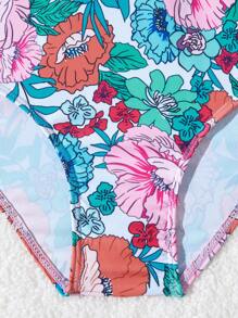 Tween Girl Floral Patchwork Zipper One-Piece Swimsuit For Summer Beach Vacation - Multicolor - View 4