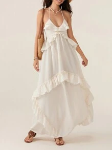 Womens Summer Spaghetti Strap Long Dress Boho Low Cut Dress Backless Flowy Midi Dress Bohemian Maxi Dresses Beachwear - 米色 - 查看 5
