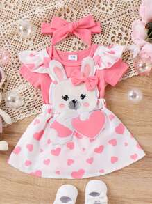 Conjunto de Pascua para bebé niña, mono de manga larga, mono con tirantes de conejito 3D, falda con diadema - Rosa - Ver 1