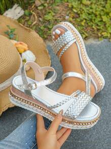 银色编织坡跟凉鞋，带铆钉装饰，厚底，高跟，系带，适合女士，夏季日常穿着，随机图案
