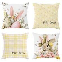 4pcs Easter Decorative Throw Pillow Covers, Happy Floral Easter Pillow Covers, Easter Egg Rabbit Ear Plaid Bunny Cushion Covers, Cute Yellow, Pink, Brown Velvet Pillowcases Single-Sided Printing 45x45cm Gifts Birthday Graduation