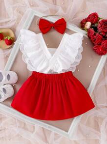2pcs Baby Girl Sweet Cute Strawberry Embroidery Backless Sleeveless Dress With Bowknot & Headband Set, Summer - Red - View 2
