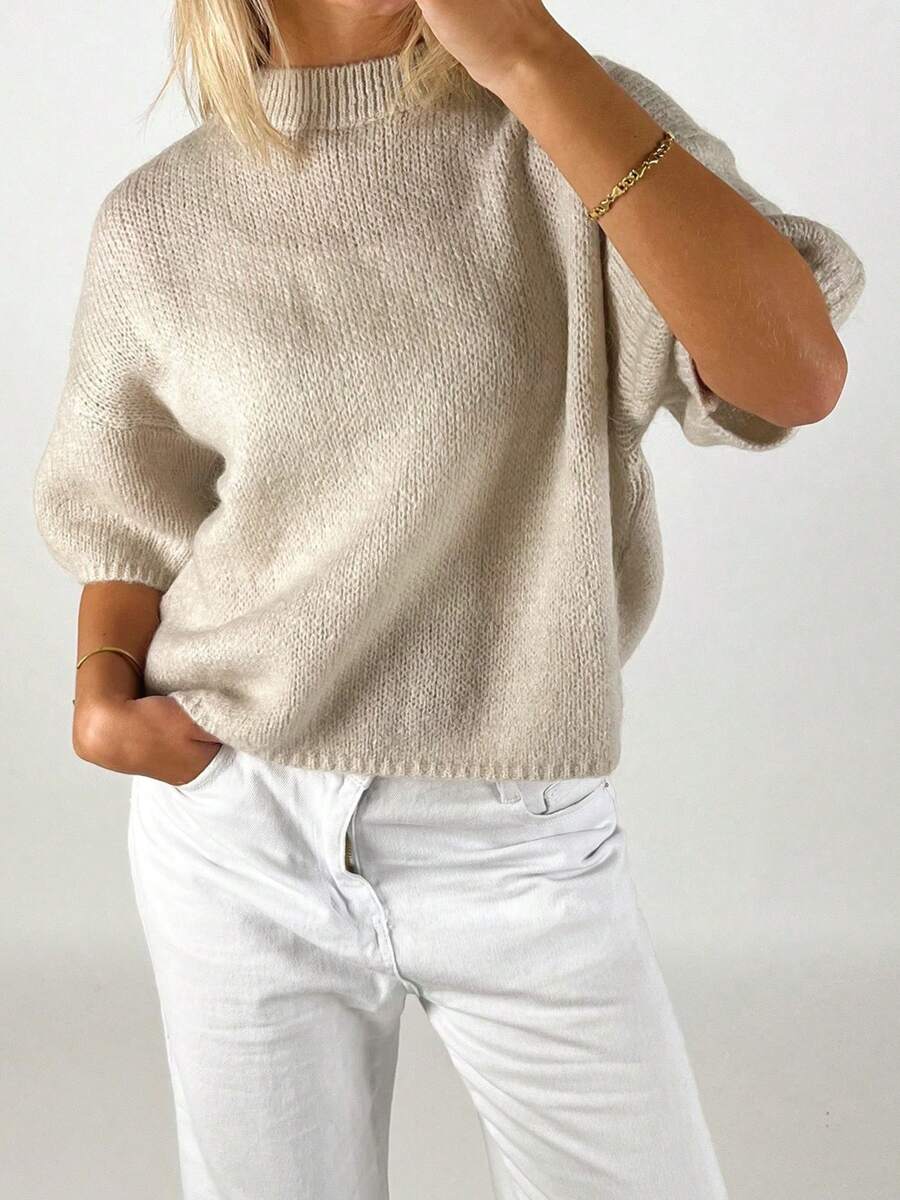 Women's Spring Autumn Knit Sweaters Half Sleeve O Neck Solid Color Casual Knitwear - Champagne - View 1