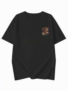 Women's Floral Print Loose Fit Crewneck Short Sleeve T-Shirt, Spring/Summer - Black - View 5