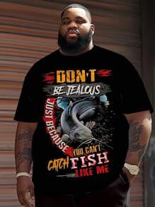 Tee-shirt imprimé graphique de pêche pour hommes en grande taille, en tissu tricoté de polyester, col ras du cou, coupe décontractée, design original