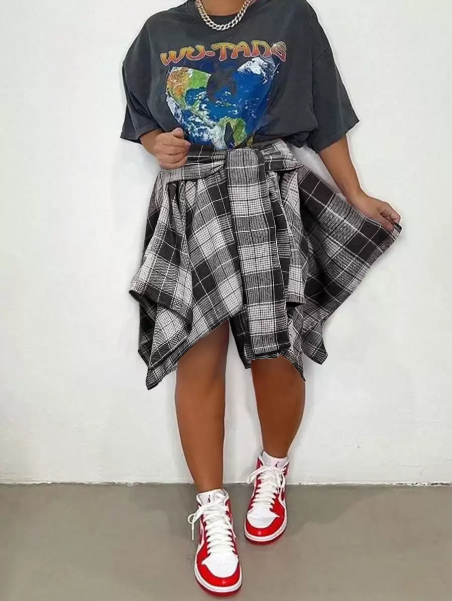Plus Size Hip Hop Plaid Skirt 2025 - Women's Streetwear Tartan Skirt With Detachable Sleeves, Multi-Color Rap Style Skirt, High Waist A-Line Skirt With Belt (1X-5X) - Đen và trắng - Xem 1