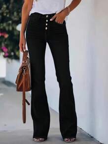 Women's Elastic Flared Jeans, High Waisted Split Flared Pants, Button Fly Denim Pants(The Size Is Slightly Small; It Is Recommended To Order One Size Up.) - đen - Xem 2