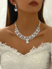 3pcs Luxury Fully Rhinestone Embellished European Style Banquet Bridal Jewelry Set With Earrings And Necklace