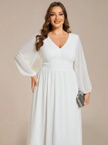 EVERPRETTY Plus Size Chiffon High Waist Long Sleeves Bachelorette Party Dress Formal Midi Dress Bridal Shower Dress Wedding Dress For Bride Engagement Dresses - White - View 6