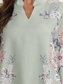 立领 V 领长裙，全身印花，厚实柔软的四向弹力面料，喇叭袖口，闪亮水钻装饰，优雅的阿拉伯女性 Jalabiya 端庄长袖阿拉伯连衣裙，卡夫坦 - 灰色 - 查看 7