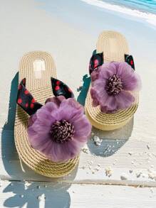 Sandalias de chanclas con estampado de flores para mujer, sandalias de verano tipo chancla para dama, sandalias planas casuales - Morado - Ver 2