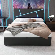 Comfortable Upholstered Bed With Light Strips, 140*200 Cm, Double Bed With Slatted Base, Backrest, Hydraulic Functional Bed, Synthetic Leather, Black - 黑色 - 查看 2