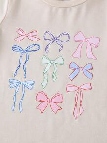 2pcs/Set Girls Casual Bow Decor Printed T-Shirt And Shorts Outfit, Outdoor Suit For Spring/Summer