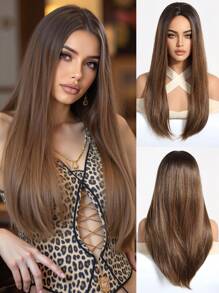 Elegant 22-Inch Mid-Section Brown Long Straight Synthetic Heat-Resistant Fiber Wig Women's Wig Perfect For Holiday Party Everyday Wear - Brown - View 2