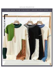 Men's Spring And Autumn New Color Contrasting Casual Round Neck Sweater Men's Fashion Versatile Base Knitted Sweater Loose Sweater