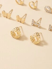 60pcs Fashion Metal Butterfly, Heart, Rhinestone, Moon, Bow Knot, Flower Stud Earrings Set, Jewelry Gift, Suitable For Women's Daily Wear - Yellow Gold - View 3
