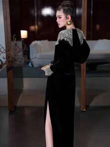 Women's Solid Color Warm Round Neck Jacquard Velvet Elegant Dress, Autumn/Winter Black Spring - Black - View 2