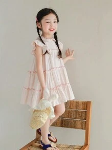 Girls' Summer New Frill Collar Embroidered Loose Dress, Fashion Children Dress - Baby Pink - View 3