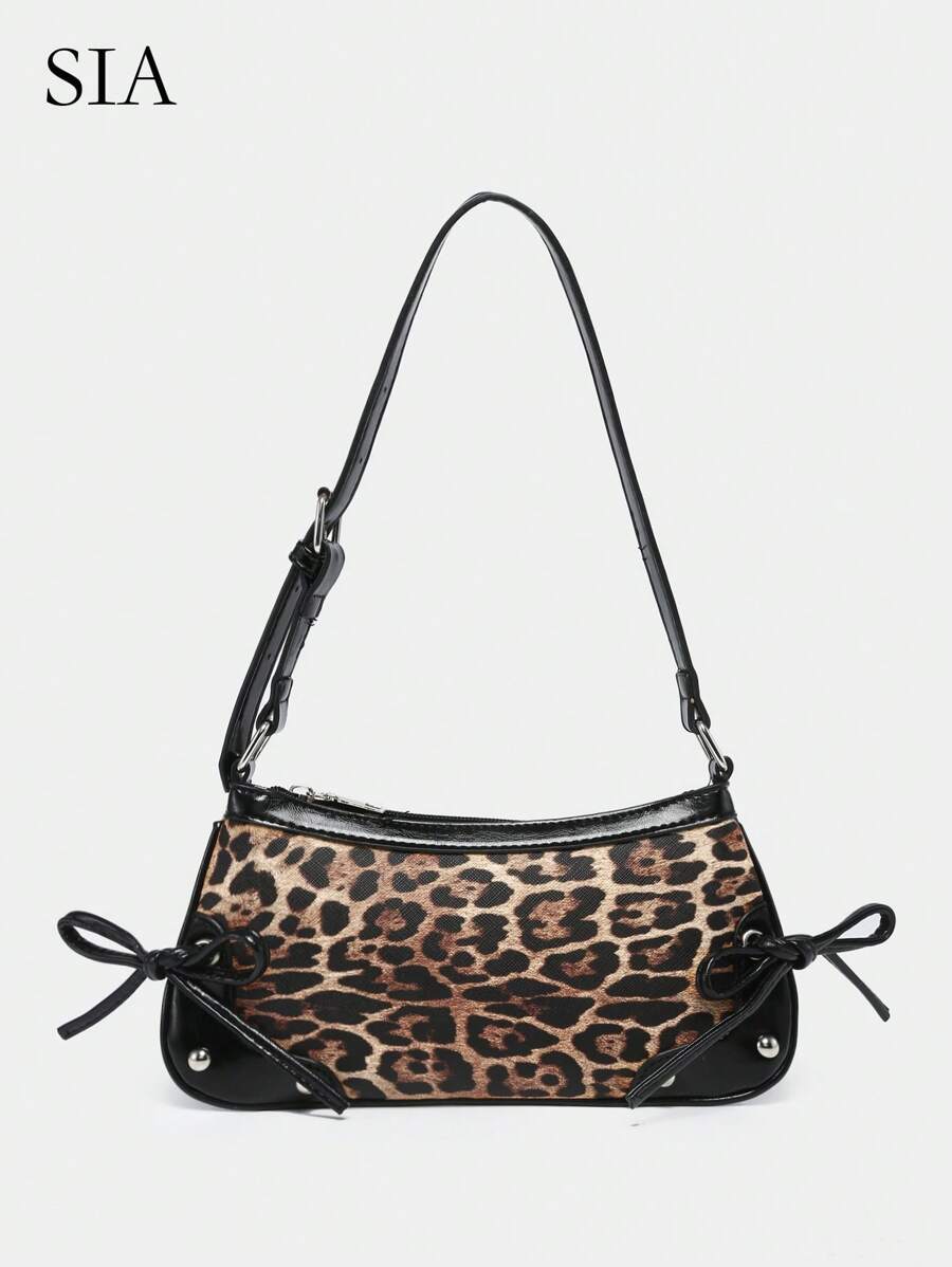 1 件复古肩带蝴蝶结装饰外露栗色/黄色和豹纹单肩腋下法棍包，适合约会、外出、派对