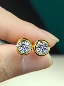 2pcs 925 Silver 1ct Moissanite Round Stud Earrings, Stylish Minimalist Design Suitable For Women's Daily Wear, Party, Holiday, Valentine's Day, Mother's Day, Birthday, Jewelry Gift - Yellow Gold - View 2