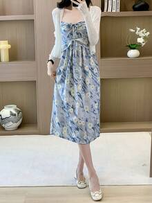 RUIWY 2pcs Spring Women Fashion Elegant Apricot Knitted Sweater & Bowknot Print Blue Dress Set - Blue - View 7