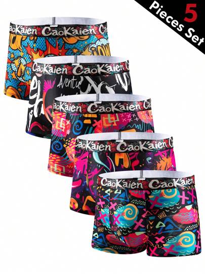 5pcs/Pack 2024 New Men's Graffiti Print Underwear, Lightweight Boxers