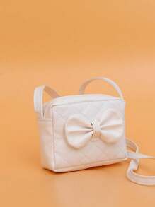 1pc Girls' PU Mini Square Bag, Fashion Bow Coin Purse, Zipper Closure, Embroidered Quilted Pattern, Great Gift For Party, Going Out