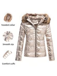 Jachetă ușoară, căptușită, Risissida, pentru femei, cu glugă detașabilă și garnitură de blană - Palton elegant și elegant de toamnă/iarnă, cu fermoar ascuns, buzunare și manșete cu nervuri, haine de iarnă pentru femei - Aur - Vizualizare 1