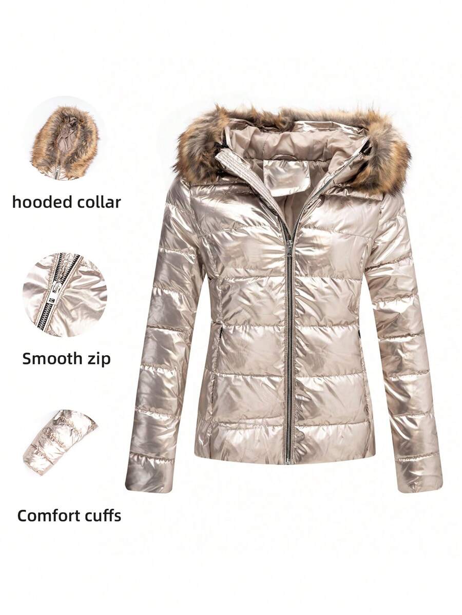 Jachetă ușoară, căptușită, Risissida, pentru femei, cu glugă detașabilă și garnitură de blană - Palton elegant și elegant de toamnă/iarnă, cu fermoar ascuns, buzunare și manșete cu nervuri, haine de iarnă pentru femei - Aur - Vizualizare 1