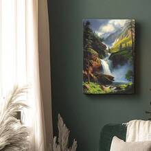 Wrapped Framed Canvas Vintage Wall Art Serene Waterfall Painting - Artful Home Decor For Living Room, Bedroom, Bathroom, Office