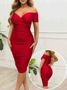 Women Elegant Sexy Off Shoulder Pleated Cocktail Party Dress, Wedding Guest Dress - Red - View 1