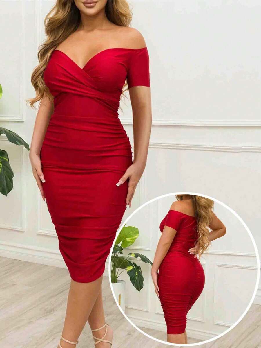 Women Elegant Sexy Off Shoulder Pleated Cocktail Party Dress, Wedding Guest Dress - Red - View 1