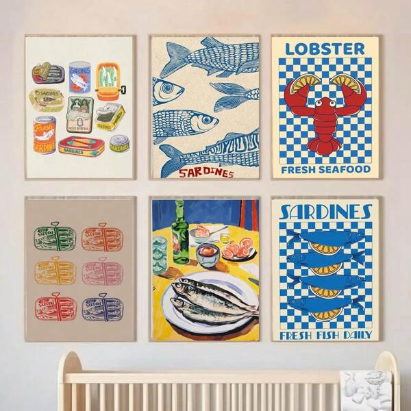 1 Stück Wandkunst Poster Tiere vintage bunte Sardine, Hummer, Fisch, Meerestiere klassisches vintage Poster Drucken Poster Kunst Kawaii Raumdekoration, Leinwandkunst, hochwertig, ohne Rahmen