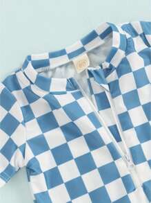 Toddler Rash Guard Swimsuit Checkerboard Print Short Sleeve Zip Up Bathing Suit Swimwear - Blue - View 5