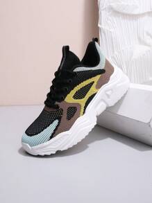 Women's Black & Yellow Non-Slip Breathable Lace-Up Running Shoes, Casual Outdoor Low-Top Sneaker For School, Daily Running, Gatherings, Gym, Commuting And Gift-Giving, Suitable For All Seasons