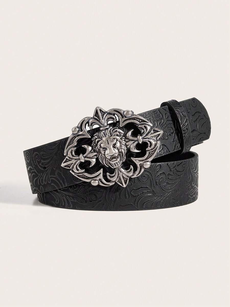 1pc Women's Vintage Metal Buckle Printed PU Waist Belt, Suitable For Western Cowboy Style Summer, School Fall, Autumn, Halloween - Black - View 1