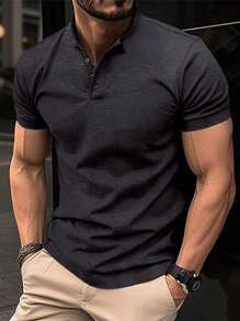 Camiseta Hombre Botón Cuello Henley Polo Deportivo - Negro - Ver 1