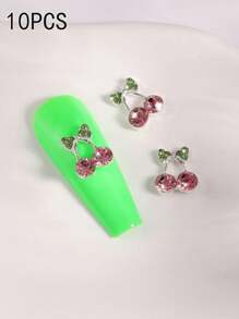 10pcs Green Leaf Cherry Nail Charms Metal Rhinestone Bowknot Nail Supplies Personalized Nail Art 3D Red And Blue Nail Gems Suitable For DIY Nail Salon And Personal Use