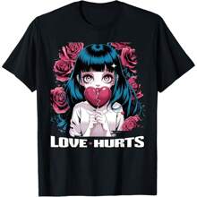 Love Hurts Gothic Anime Valentine's Day Japanese Manga T-Shirt, Oversized Short Sleeve Classic Heavy Cotton T Shirt Printed Graphic Tee Women's Casual Short-Sleeved Top - Black - View 1