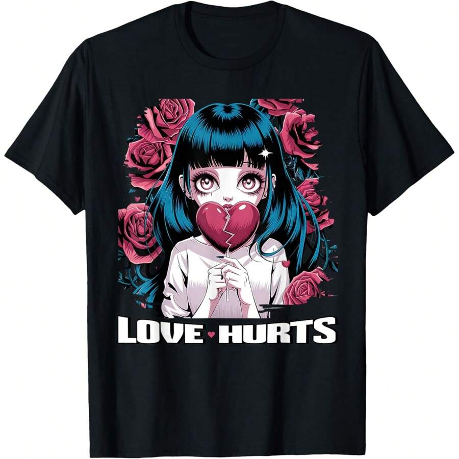 Love Hurts Gothic Anime Valentine's Day Japanese Manga T-Shirt, Oversized Short Sleeve Classic Heavy Cotton T Shirt Printed Graphic Tee Women's Casual Short-Sleeved Top - Black - View 1