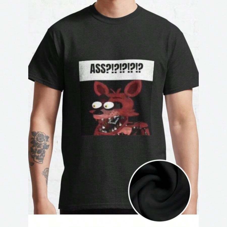 Fnaf Foxy ASS?!?!?!?!? Meme Classic Fun Men's Short Sleeved Personalized Comfortable Pattern T-Shirt Series Shirt - Black - View 1