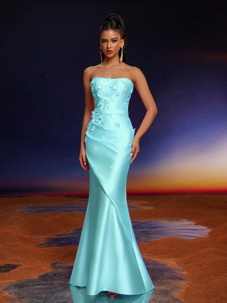 Anymoon 3D Hand Floral Ruffle Trim Mermaid Bridesmaid Dress - Mint Green - View 1