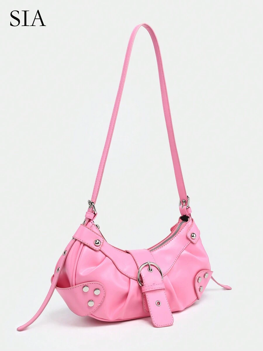 女士轻便便携式复古斜挎包：朋克和哥特式 Y2K 风格素食皮革摩托车钱包，配有铆钉、金属链和可调节肩带 - 适合青少年、大学女生、街头时尚、音乐会、音乐节和前卫服装的配饰。 - 粉色 - 查看 1