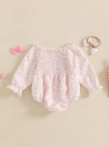 Baby Girls Rompers Easter Clothes Rabbit Print Long Sleeve Infant Bodysuits Jumpsuits With Headband - Pink - View 3