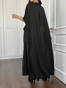 Women's Black Waist Pleated Cape Sleeve Arabic Abaya Dress - Black - View 2