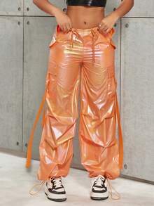 Rave Metallic Silver Drawstring High Waist Flap Pocket Pleated Detail Cargo Parachute Pants, Casual & Comfortable, Suitable For Valentine's Night - Sunshine Orange - View 3