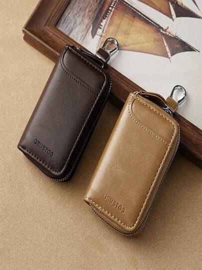 2025 Promotion High-End Minimalist Leather Key Pouch For Men, Large Capacity Waist Hanging Zipper Lock Key Holder Card Case 2-In-1